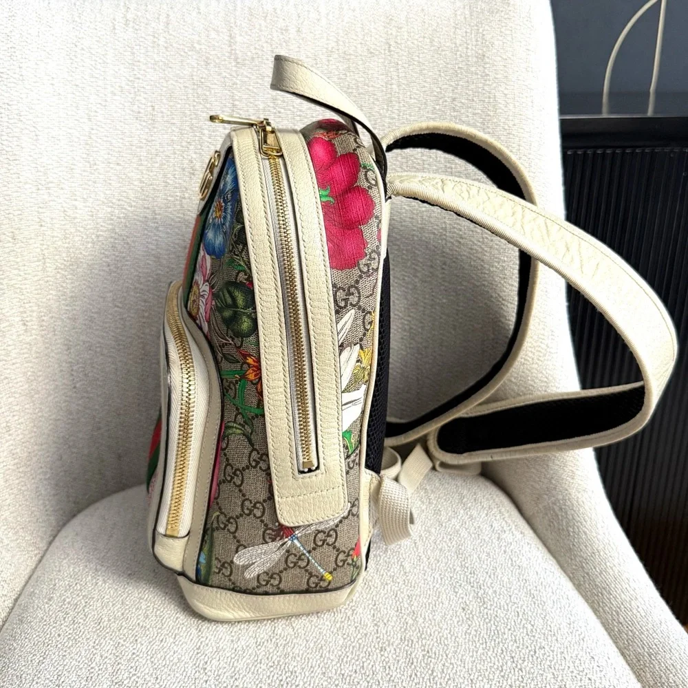 Authentic Gucci Ophidia GG Supreme Flora Backpack bag white leather gold GG logo